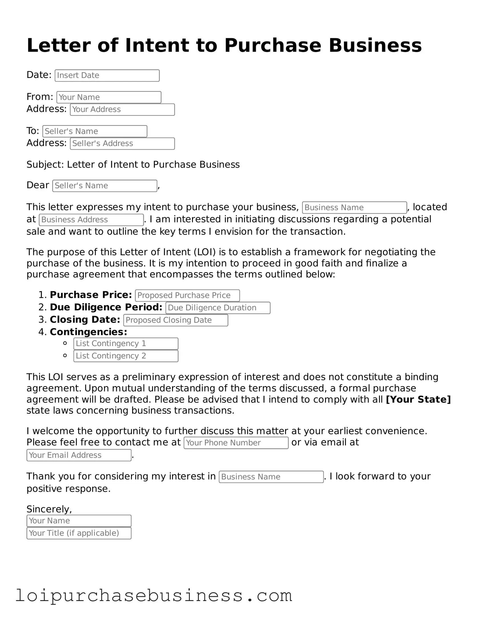 Printable Letter of Intent to Purchase Business Document